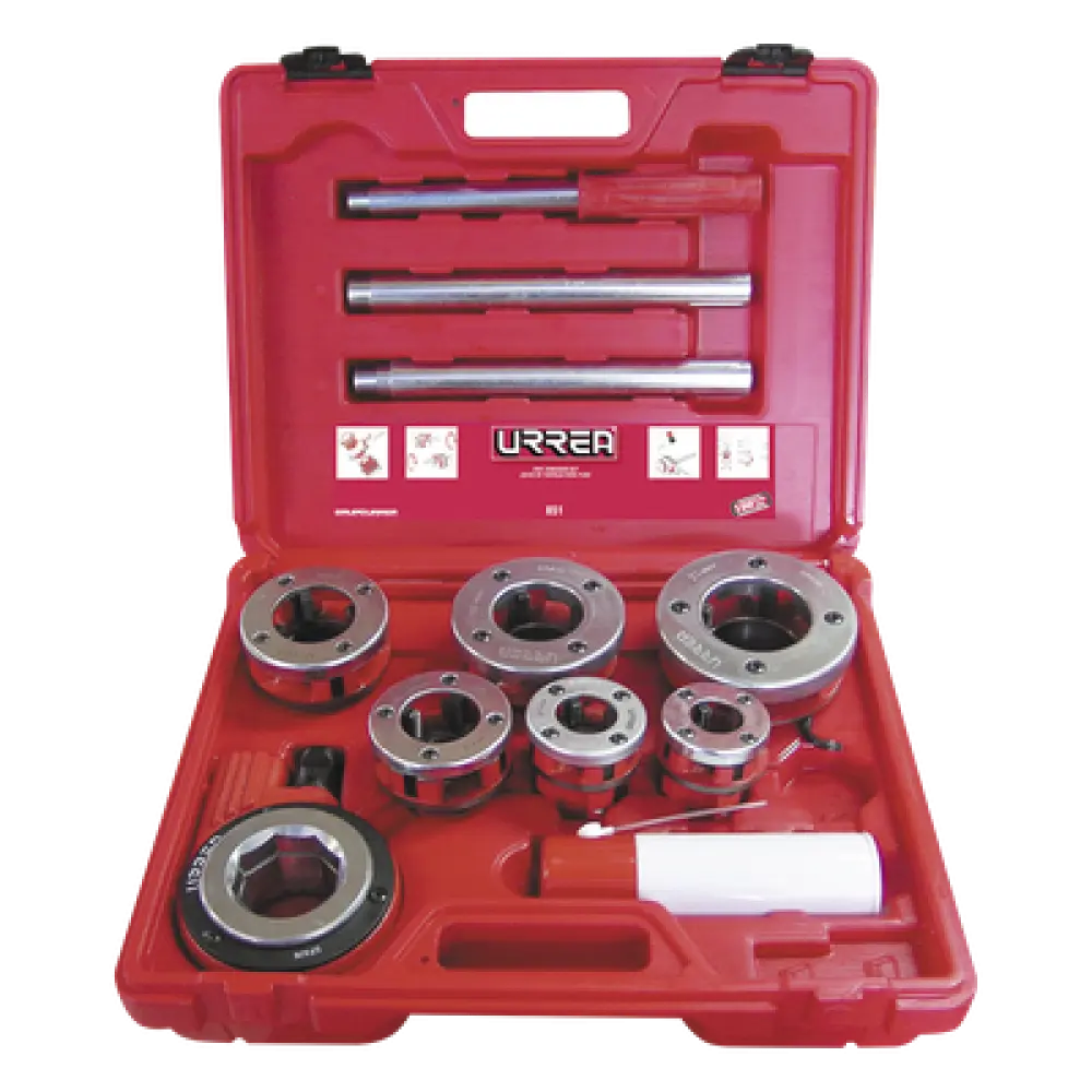Juego de Tarraja para Tubo / 9 Piezas / Rosca Derecha NPT 1/2" a 2" / Portafolio Plástico Rígido / Incluye Aceite Lubricante