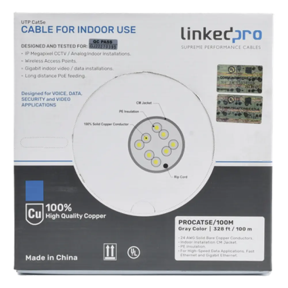 Cable UTP Cat5e / 4 Pares / 100% Cobre Calibre 24 / 100 MHz / 100 m (328 Pies) / Interior
