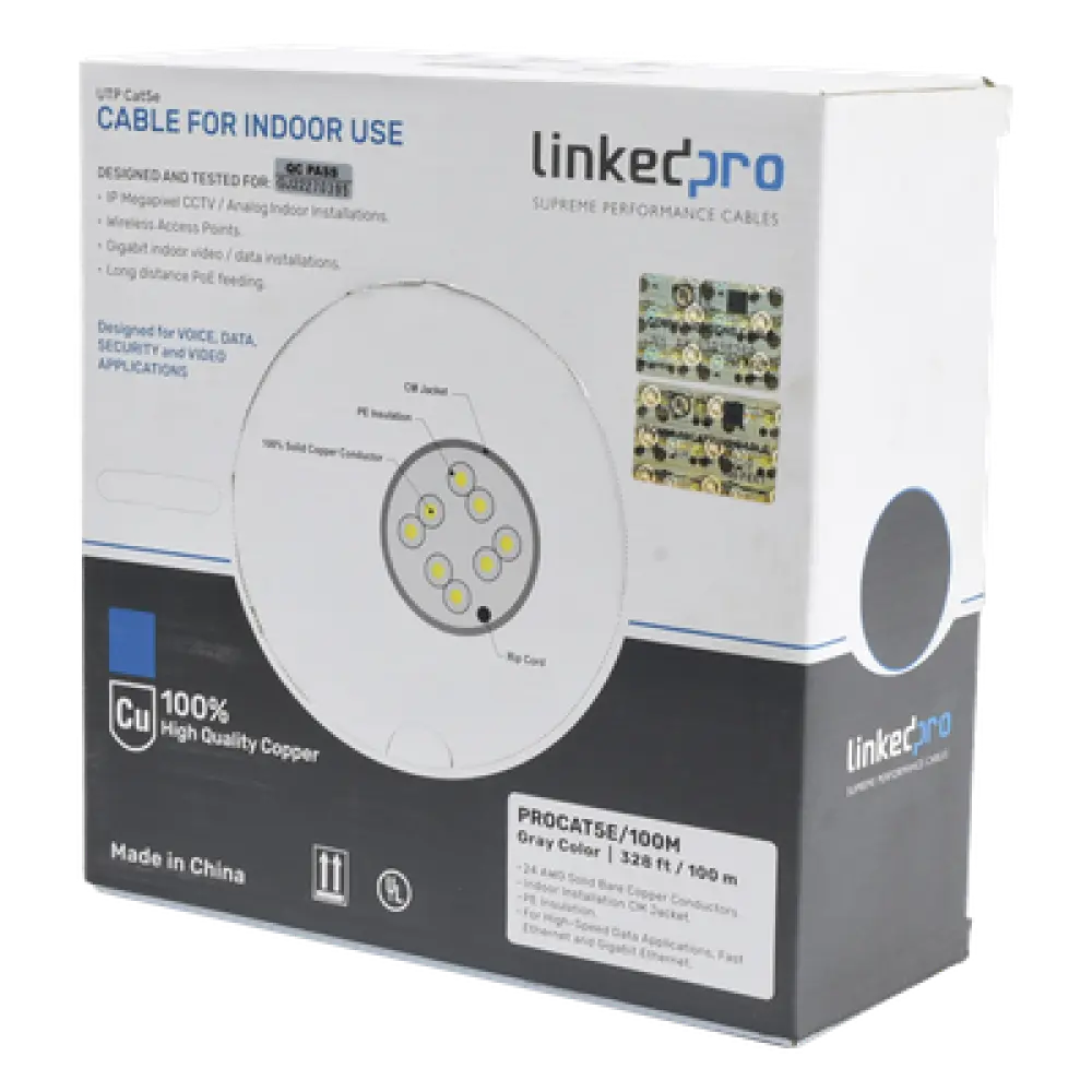 Cable UTP Cat5e / 4 Pares / 100% Cobre Calibre 24 / 100 MHz / 100 m (328 Pies) / Interior