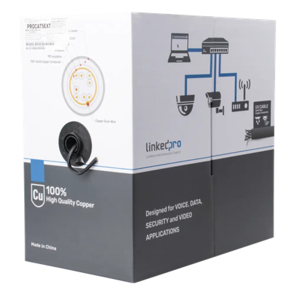 Bobina de Cable / Cat5e / FTP / 305 m (1000 pies) / Blindado / Intemperie CMX / 24 AWG / Cobre / Negro