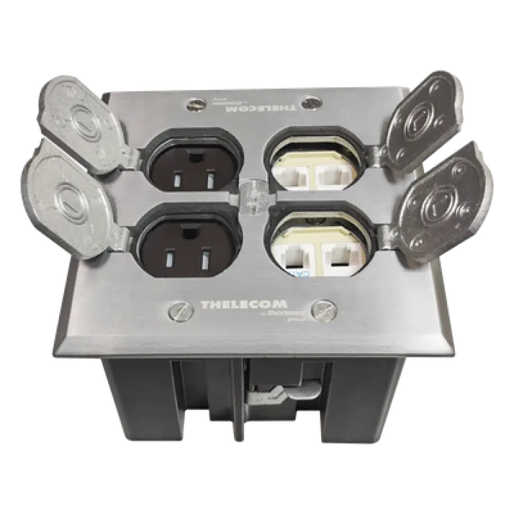 Caja de Piso Empotrable / Tapa Abatible Aluminio / Energía 127 V + Datos Voz/Datos / 2 Contactos 15A / 2 Módulos Keystone / Interior