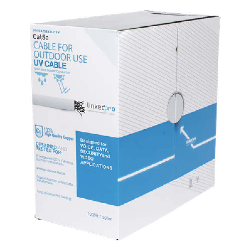 Cable UTP Cat5e / 305 m (1000 ft) / Exterior UV / 24 AWG Cobre Sólido / Fast Ethernet / PoE / Blanco
