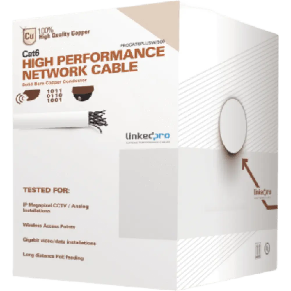 Cable de Red UTP / Cat6+ / Calibre 23 AWG / 152 m (500 ft) / 250 MHz / Gigabit Ethernet / Interior PVC CM / Blanco
