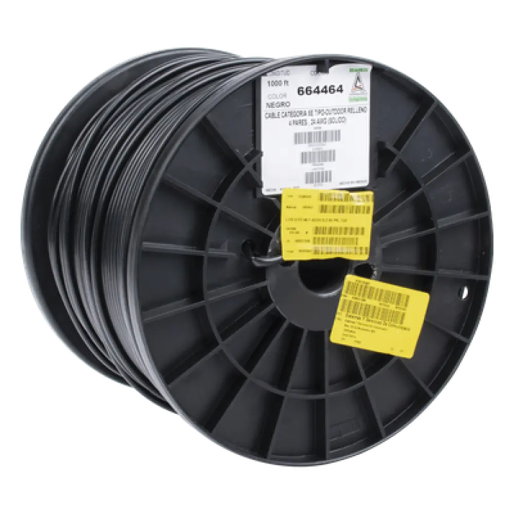 Bobina Cat5e UTP / 305m (1000 pies) / Gel para Exterior / 24 AWG / Negro / -20°C a 75°C