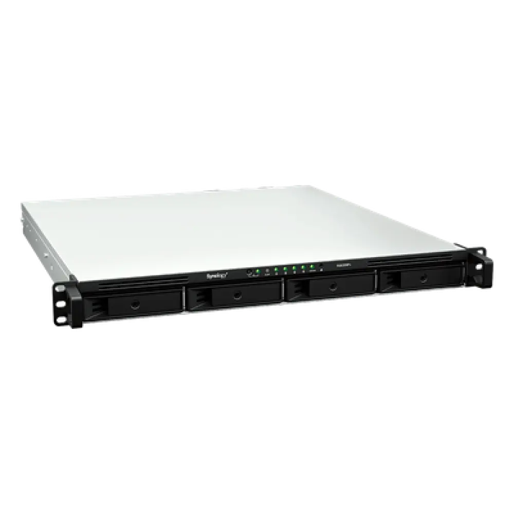 Servidor NAS Rackmount / 4 Bahías Hot-Swappable / 1U / 2000/1300 MB/s Lectura/Escritura / 4 Puertos 1GbE RJ45 / PCIe 3.0 x8 / Dual Power Supply Redundante / DSM / Almacenamiento Empresarial