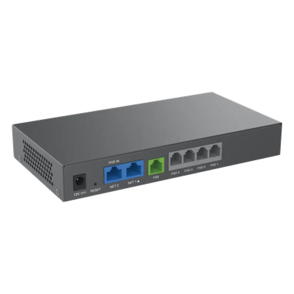 Gateway VoIP / 4 Puertos FXO / 1 Puerto FXS / 3 Perfiles SIP / PoE / NAT / Fax T.38 / Conferencia 3 Vías / Cifrado AES / Failover SIP