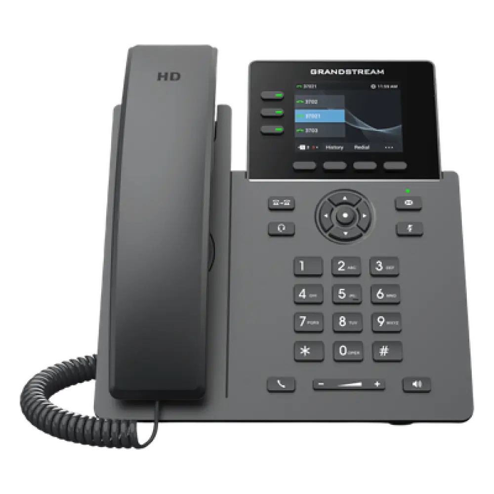 Teléfono IP / 3 Líneas SIP / 12 Botones Virtuales Programables / Pantalla LCD 2.8 Pulgadas / Puertos Gigabit con PoE / Audio HD