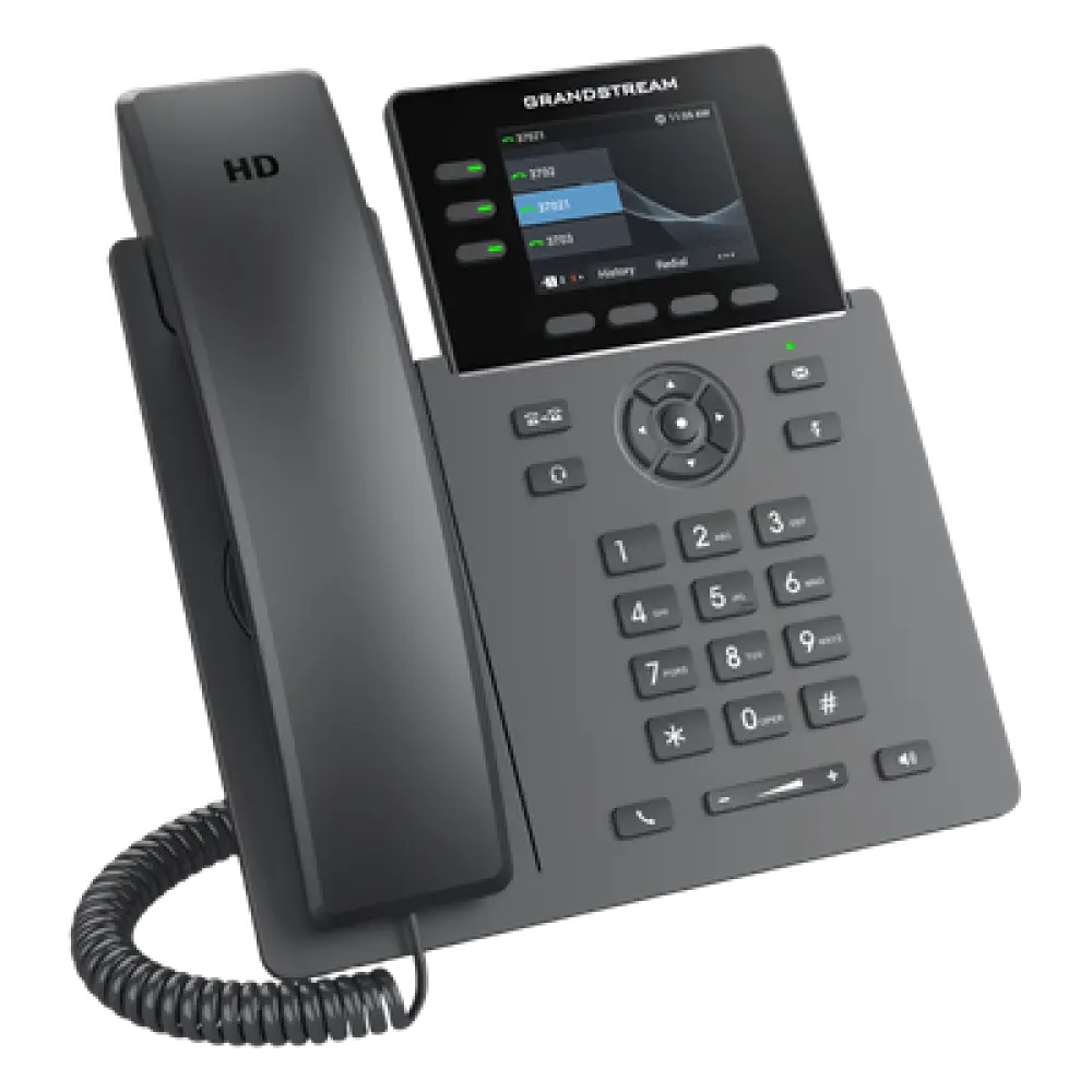 Teléfono IP / 3 Líneas SIP / 12 Botones Virtuales Programables / Pantalla LCD 2.8 Pulgadas / Puertos Gigabit con PoE / Audio HD