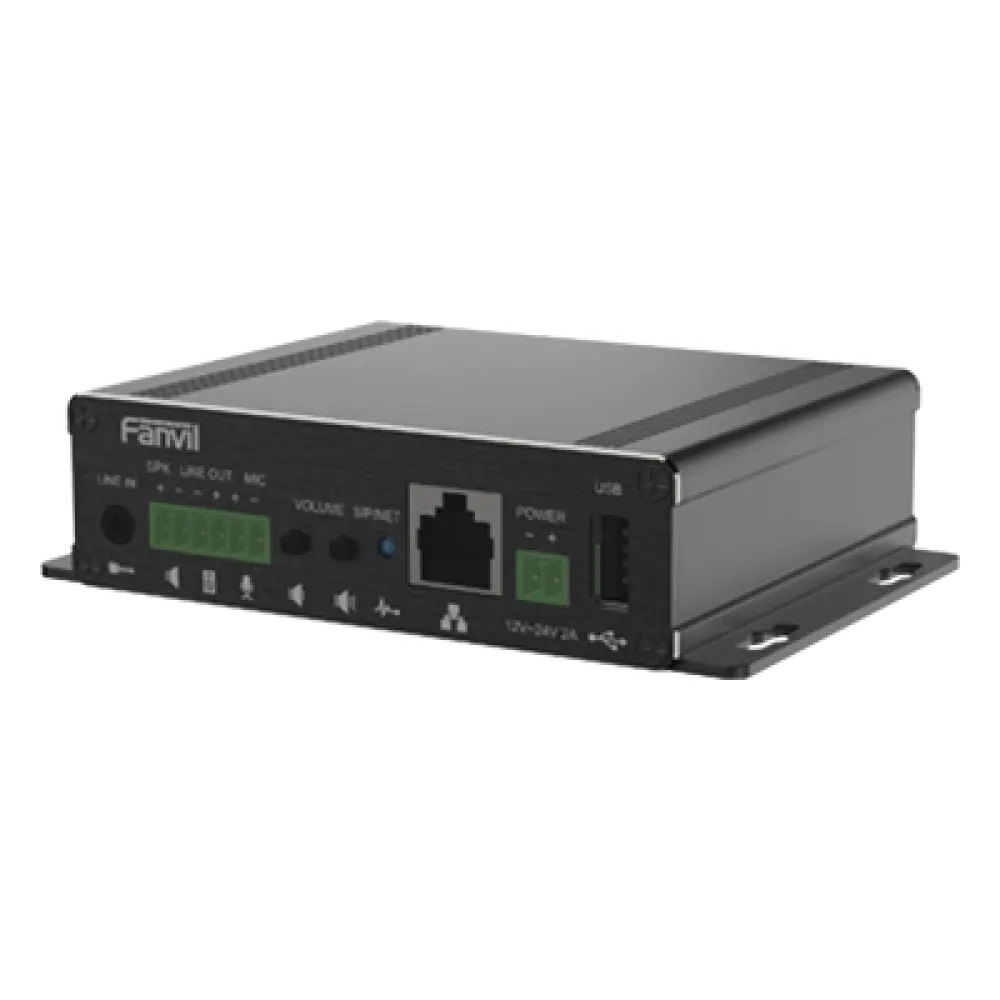 Gateway IP/SIP para Voceo / Amplificador Integrado 30 W / Entrada Audio 3.5 mm / Reproducción MP3 vía USB y TF / PoE 802.3af / 2 Líneas SIP / Códec Opus