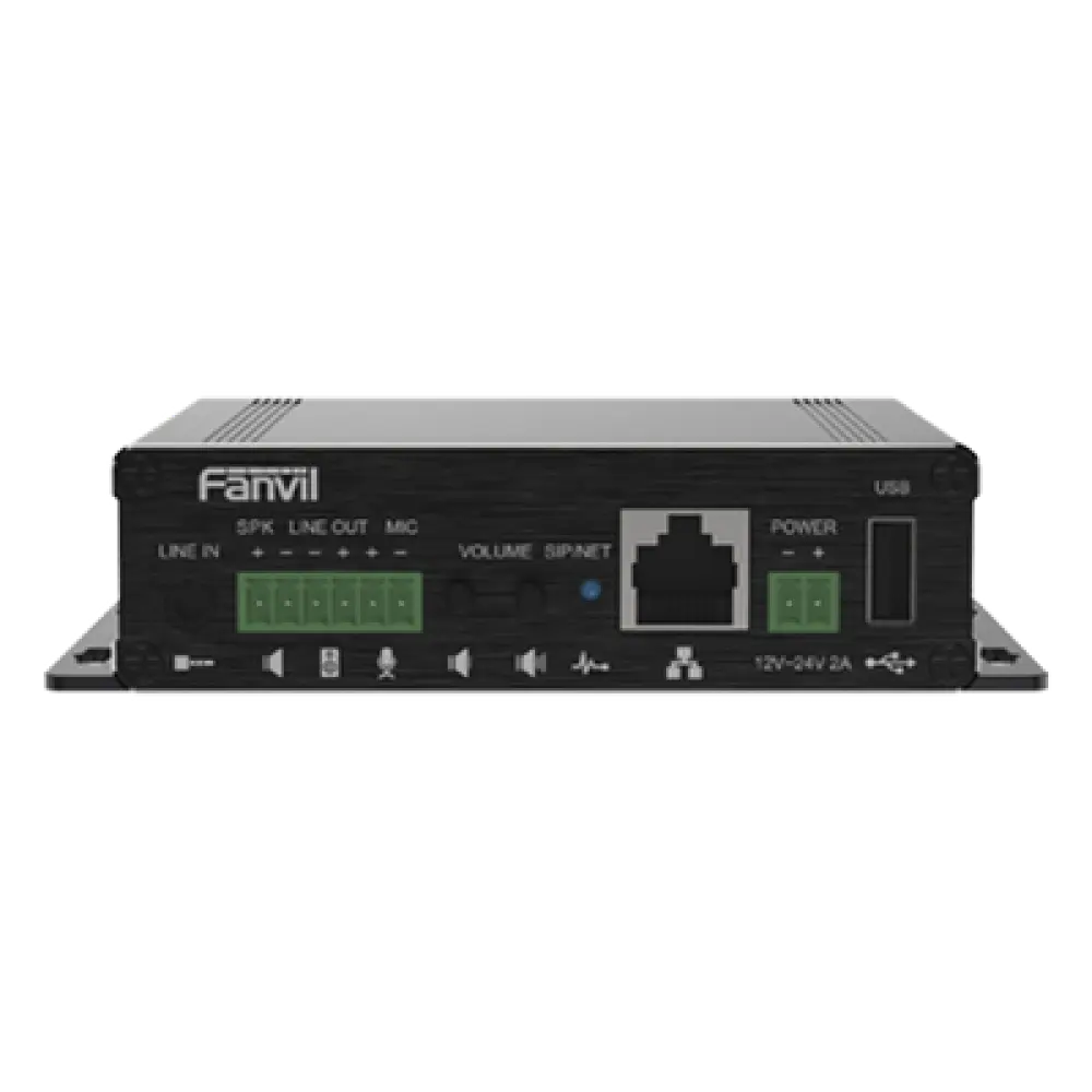 Gateway IP/SIP para Voceo / Amplificador Integrado 30 W / Entrada Audio 3.5 mm / Reproducción MP3 vía USB y TF / PoE 802.3af / 2 Líneas SIP / Códec Opus