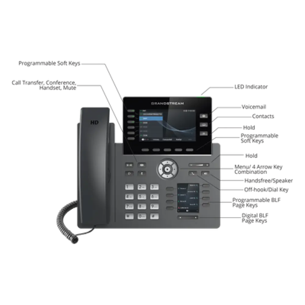 Teléfono IP / 6 Líneas SIP / Wi-Fi 5 Dual Band / Bluetooth 5.0 / Pantalla 4.3" / 48 Teclas MPK / PoE / Audio HD Opus