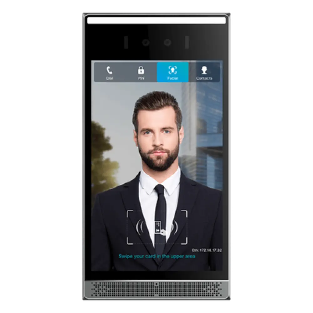 Videoportero IP / Pantalla Táctil IPS 8" / Reconocimiento Facial 10,000 Rostros / Cámara 2MP Lente Dual / 7 Métodos de Acceso / BLE + Wiegand / IP66 IK07 / PoE