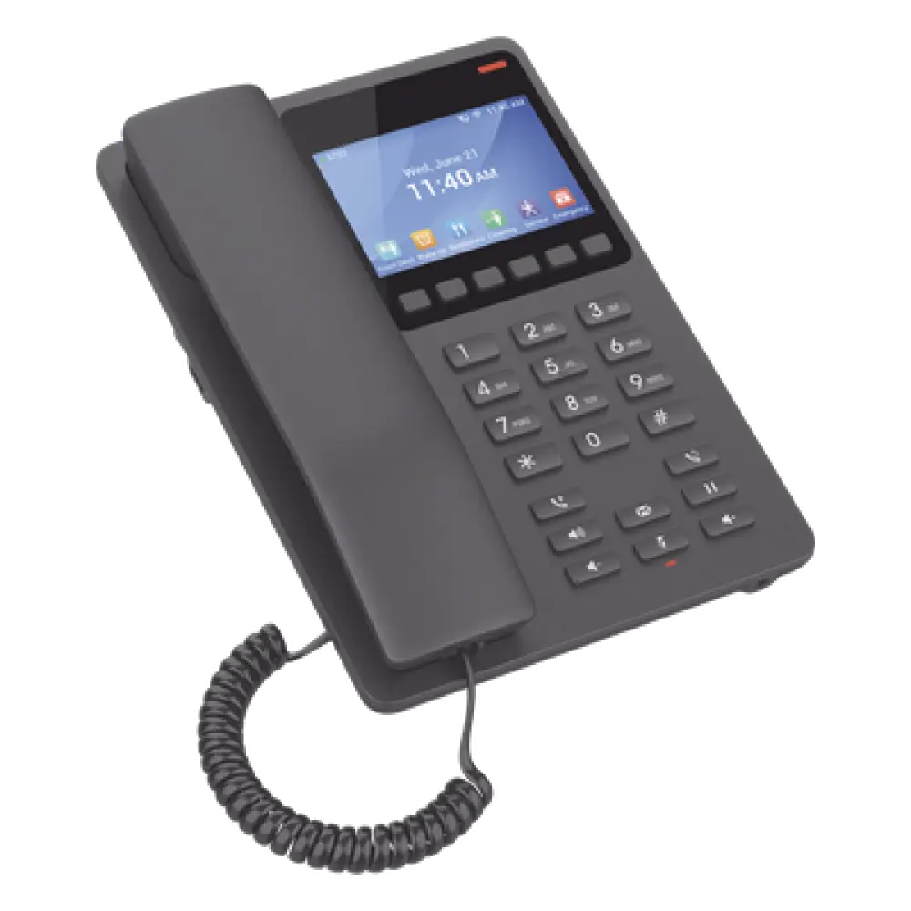 Teléfono IP Hotelero / Pantalla LCD Color / 2 Líneas SIP / Wi-Fi 6 Doble Banda / Codec Opus / USB-C Carga Rápida
