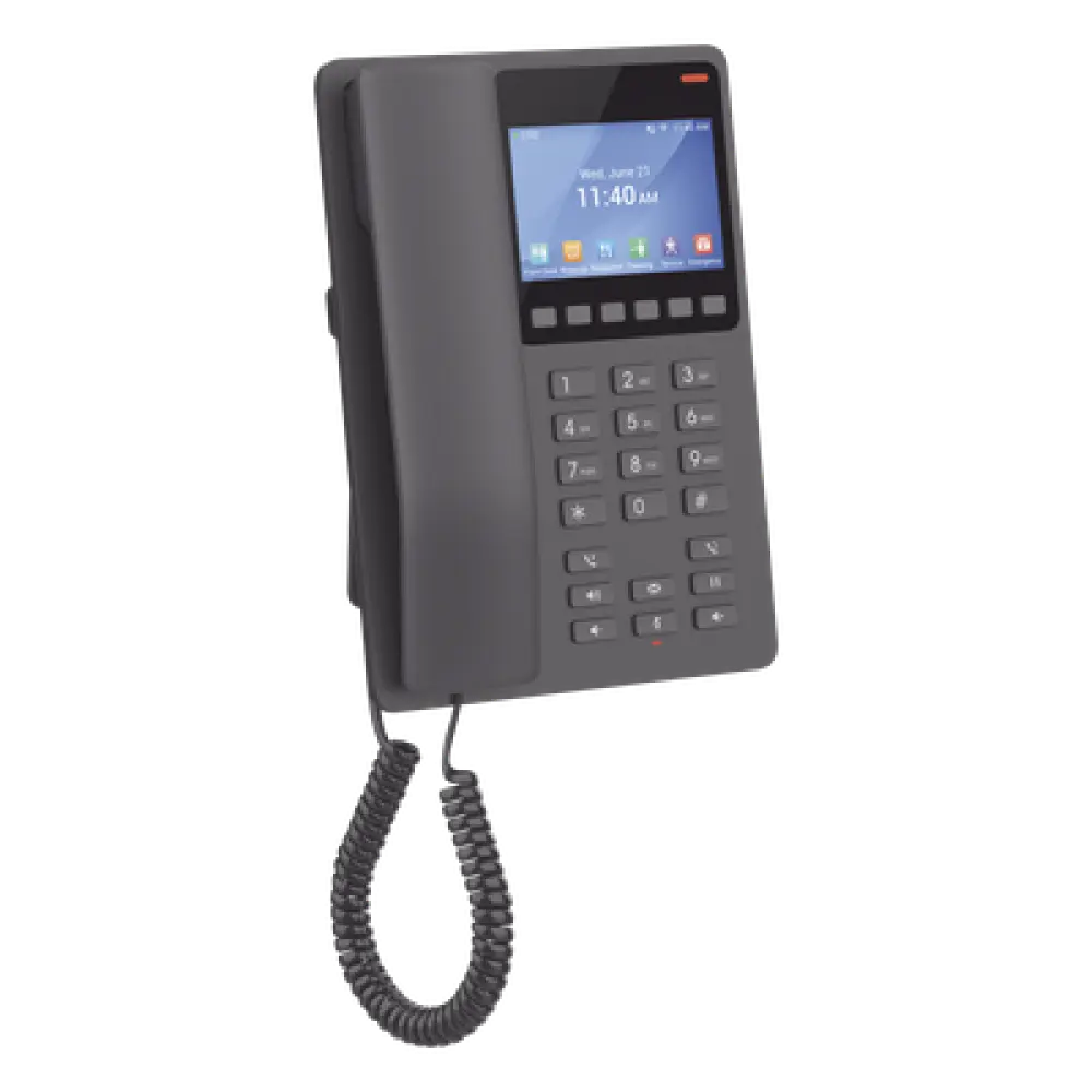 Teléfono IP Hotelero / Pantalla LCD Color / 2 Líneas SIP / Wi-Fi 6 Doble Banda / Codec Opus / USB-C Carga Rápida
