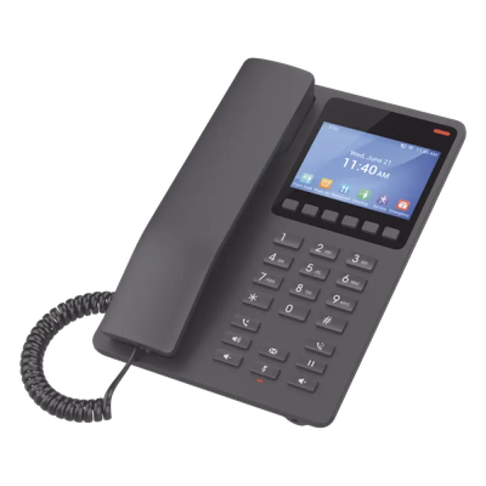 Teléfono IP Hotelero / Pantalla LCD Color / 2 Líneas SIP / Wi-Fi 6 Doble Banda / Codec Opus / USB-C Carga Rápida