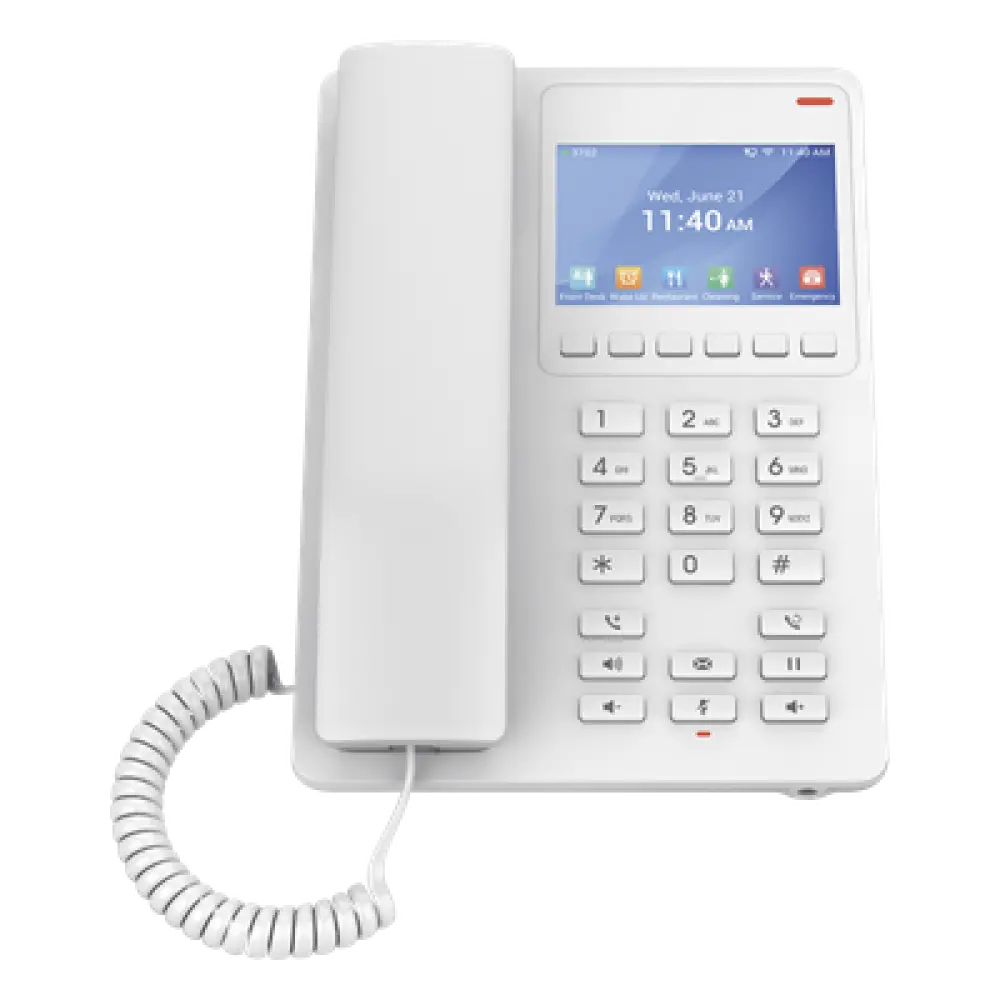 Teléfono IP Hotelero / Pantalla LCD Color / 2 Líneas SIP / Wi-Fi 6 / Códec Opus / 3 Vías Conferencia
