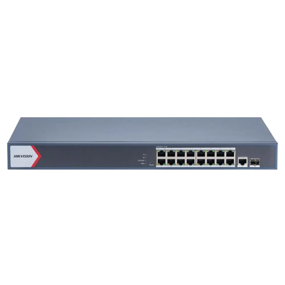 Switch Gigabit PoE+ / Administrable / 16 Puertos 1000 Mbps PoE+ / 1 Puerto 1000 Mbps de Uplink / 1 Puerto SFP / Configuración Nube desde Hik-Partner Pro / Modo Extendido hasta 300 Metros / 230 Watts