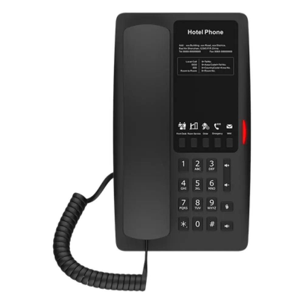 Teléfono IP Hotelero / 2 Líneas SIP / 5 Teclas Programables / Audio HD Manos Libres / PoE 802.3af / Puerto USB-A de Carga / Ethernet 10/100 Mbps