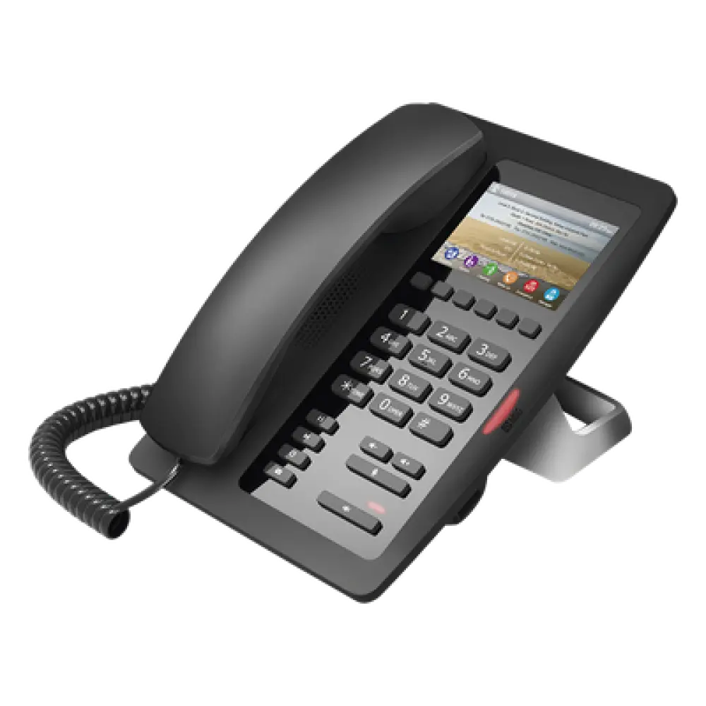 Teléfono IP Hotelero / Pantalla LCD Color 3.5" / 2 Líneas SIP / 6 Teclas Hotline / Puerto USB Carga / PoE 802.3af / Personalización Logo Hotel