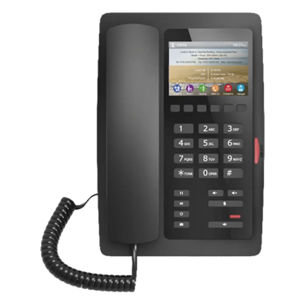 Teléfono IP Hotelero / Pantalla LCD Color 3.5" / 2 Líneas SIP / 6 Teclas Hotline / Puerto USB Carga / PoE 802.3af / Personalización Logo Hotel