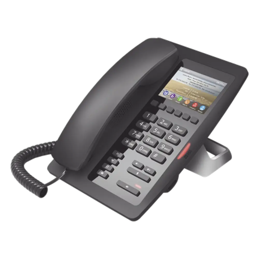Teléfono IP Hotelero / Pantalla LCD Color 3.5" / 2 Líneas SIP / 6 Teclas Hotline / Puerto USB Carga / PoE 802.3af / Personalización Logo Hotel