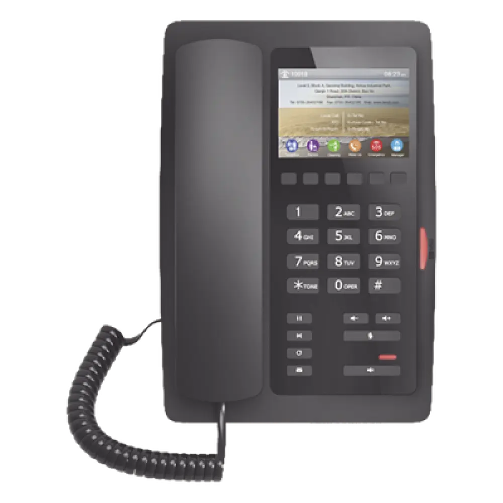 Teléfono IP Hotelero / Pantalla LCD Color 3.5" / 2 Líneas SIP / 6 Teclas Hotline / Puerto USB Carga / PoE 802.3af / Personalización Logo Hotel
