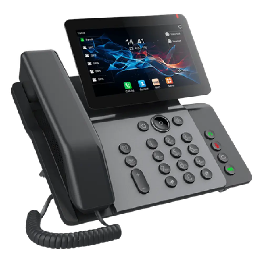 Teléfono IP Empresarial / Pantalla Táctil 7" / Wi-Fi 6 / Bluetooth 5.4 / 20 Líneas SIP / Cámara 1080p / PoE / Material Antibacterial