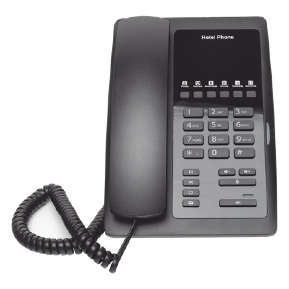 Teléfono IP para Hotelería / 6 Teclas Programables Hotline / PoE 802.3af / 2 Puertos Ethernet 10/100 Mbps / VxWorks / Sin Pantalla