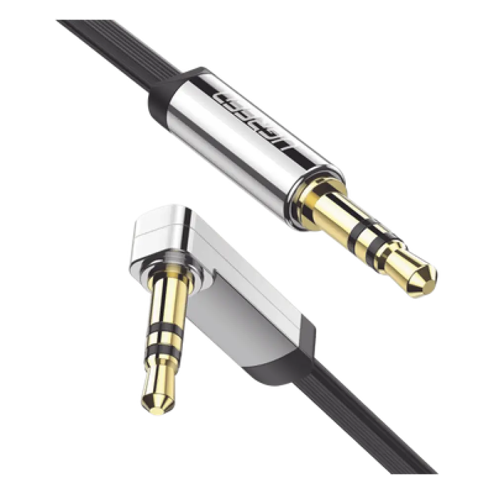 Cable Auxiliar Plano / 2 m (6.6 ft) / Conector 3.5 mm Macho-Macho / Ángulo 90° a Recto / Audio Estéreo Hi-Fi