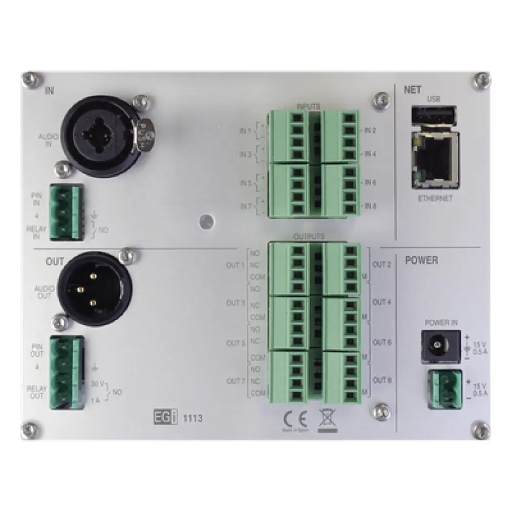 Interfaz IP de Audio / 8 Relés IN/OUT / Audio Bidireccional / Memoria 6 GB / Control Modbus y Webservice / Prioridad de Avisos