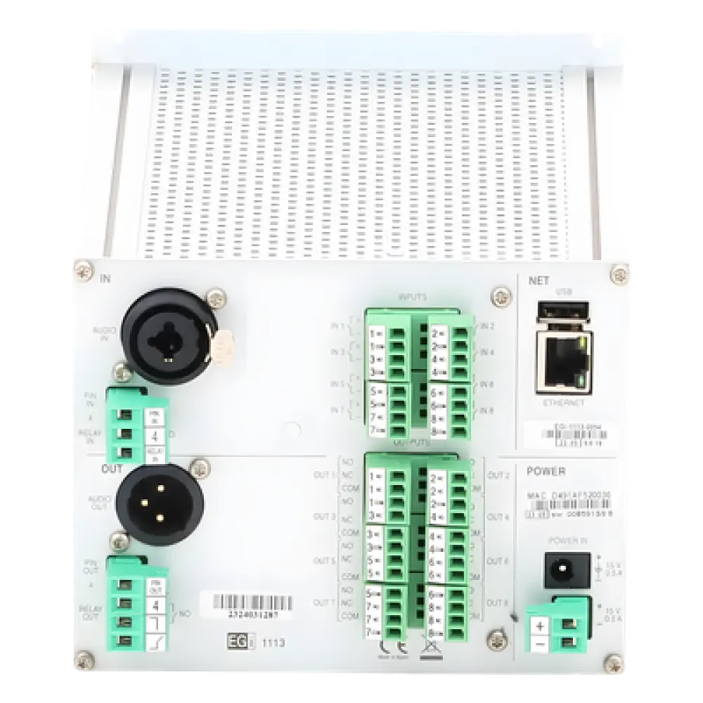 Interfaz IP de Audio / 8 Relés IN/OUT / Audio Bidireccional / Memoria 6 GB / Control Modbus y Webservice / Prioridad de Avisos