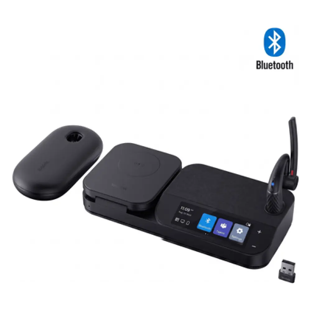 Auricular Bluetooth Mono / Cancelación de Ruido 4 Micrófonos / Autonomía 30 h / Pantalla Táctil 3" / Hub USB / Carga Inalámbrica Qi 15W