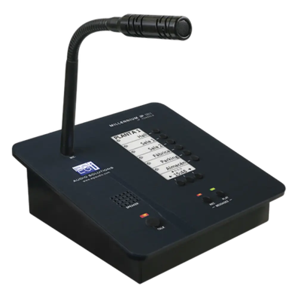 Consola de Avisos Multizona IP / Audio 16 bits 44.1 kHz / Display Tinta Electrónica / Micrófono Electret / 6 Teclas Directas / Grabación de Mensajes