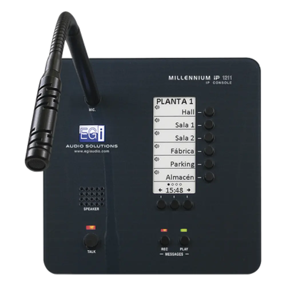 Consola de Avisos Multizona IP / Audio 16 bits 44.1 kHz / Display Tinta Electrónica / Micrófono Electret / 6 Teclas Directas / Grabación de Mensajes