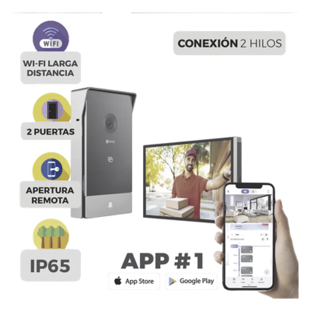 Videoportero IP / 2 Hilos / Monitor 7' Touchscreen / 2K 162° / Wi-Fi Dual 2.4/5 GHz / 2 Salidas de Apertura / IP65
