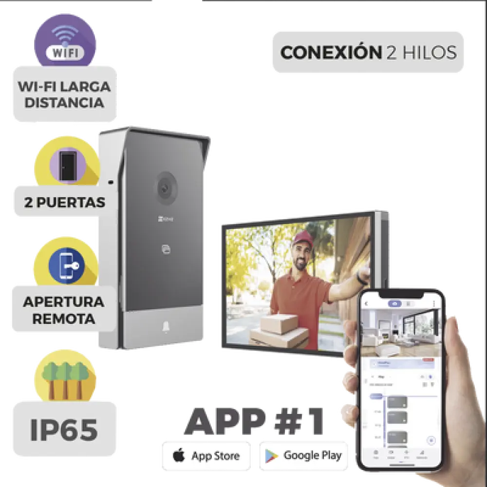 Videoportero IP / 2 Hilos / Monitor 7' Touchscreen / 2K 162° / Wi-Fi Dual 2.4/5 GHz / 2 Salidas de Apertura / IP65
