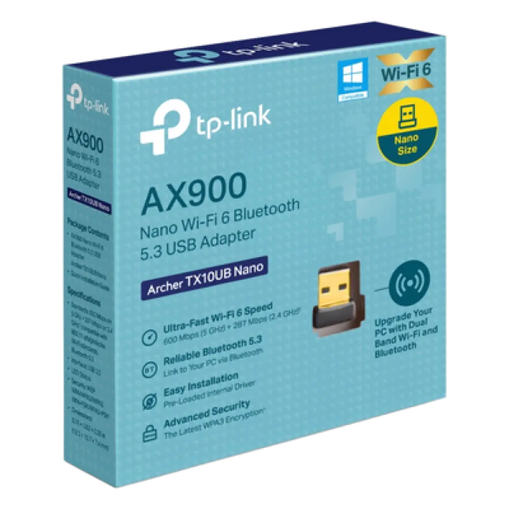 Adaptador USB Nano Wi-Fi 6 / Dual Band 900 Mbps / Bluetooth 5.3 BLE / WPA3 / 1024-QAM / OFDMA / MU-MIMO / 0.76 × 0.62 × 0.29 in