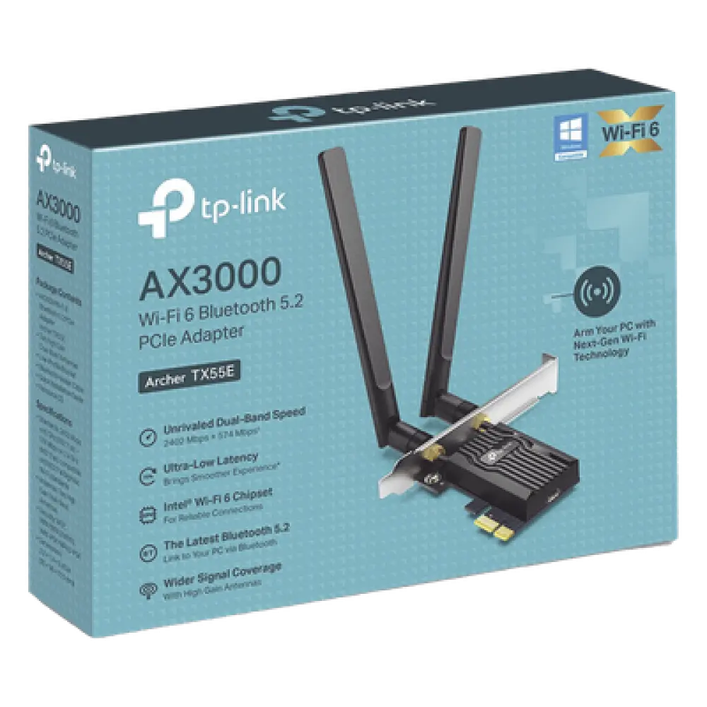 Adaptador PCIe Wi-Fi 6 / AX3000 Mbps / Doble Banda 2.4/5 GHz / MU-MIMO 2x2 / Bluetooth 5.2 / WPA3 / Antenas 2 dBi / Perfil Bajo y Completo