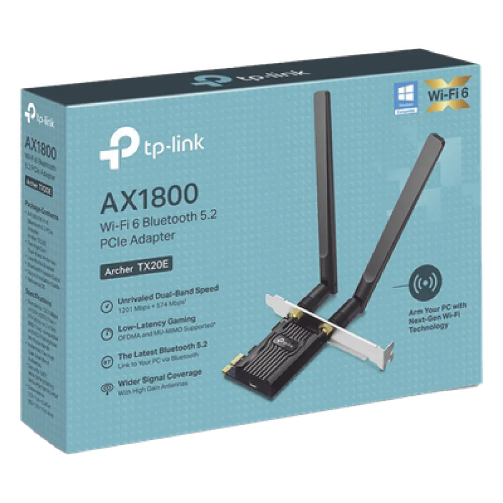 Adaptador PCIe Wi-Fi 6 / AX1800 Mbps / Doble Banda 2.4/5 GHz / Bluetooth 5.2 / MU-MIMO 2x2 / WPA3 / Antenas 2 dBi Desmontables