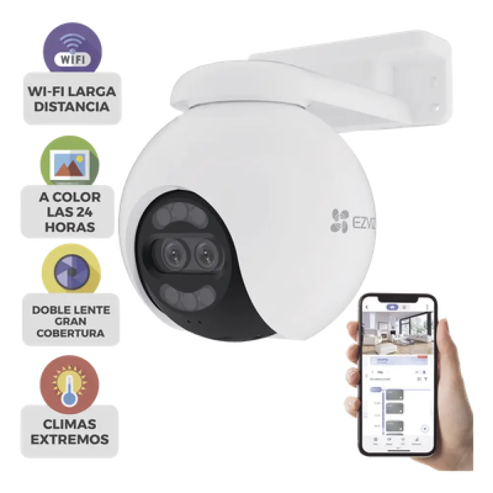 Cámara PT IP / 4K Ultra HD / Panorámica 360° / Visión Nocturna Color 30 m (98.4 ft) / Lente Dual / Wi-Fi / IP65