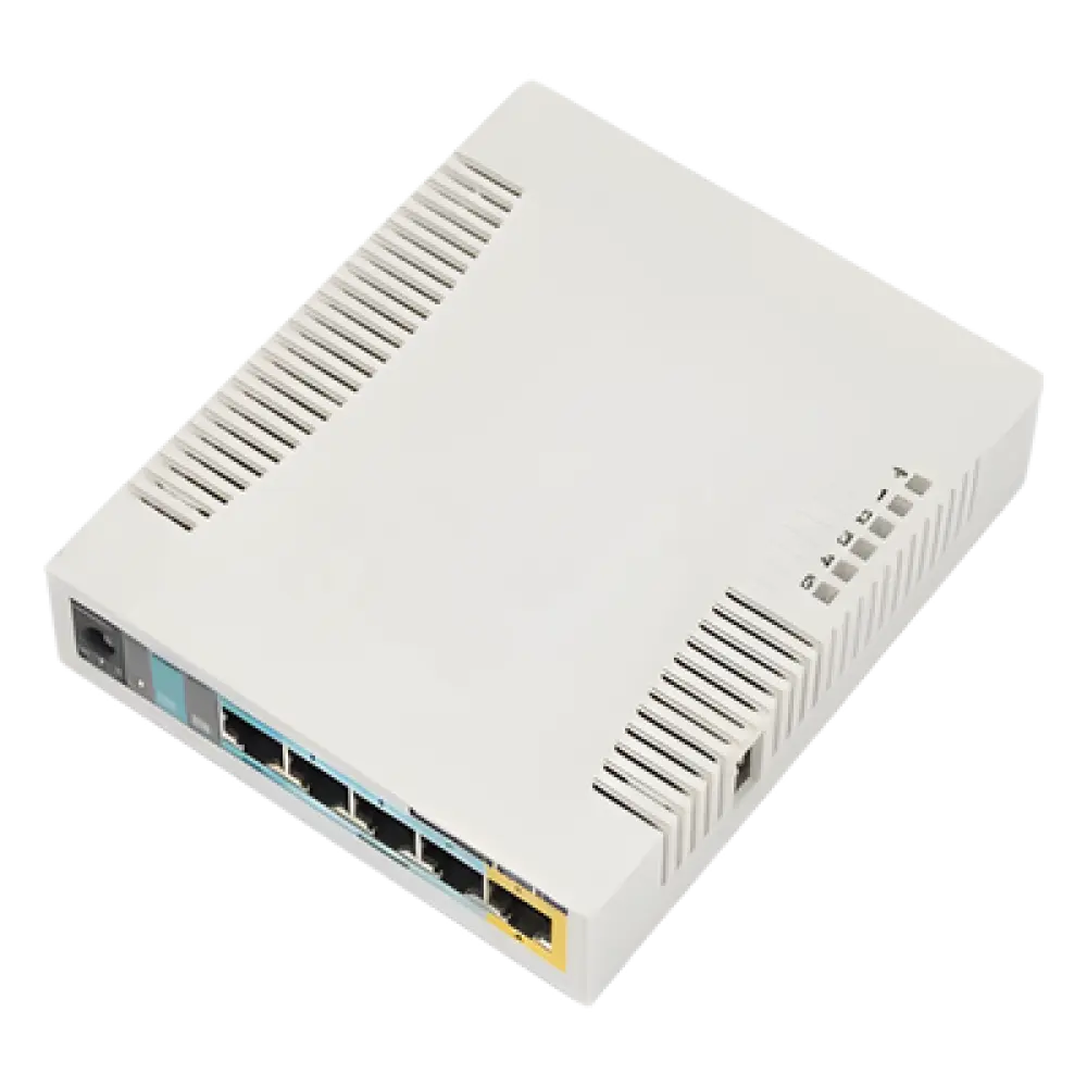RouterBoard / 5 Puertos Fast Ethernet / WiFi 2.4 GHz 802.11b/g/n / 1000 mW / PoE Pasivo Salida / CPU 600 MHz