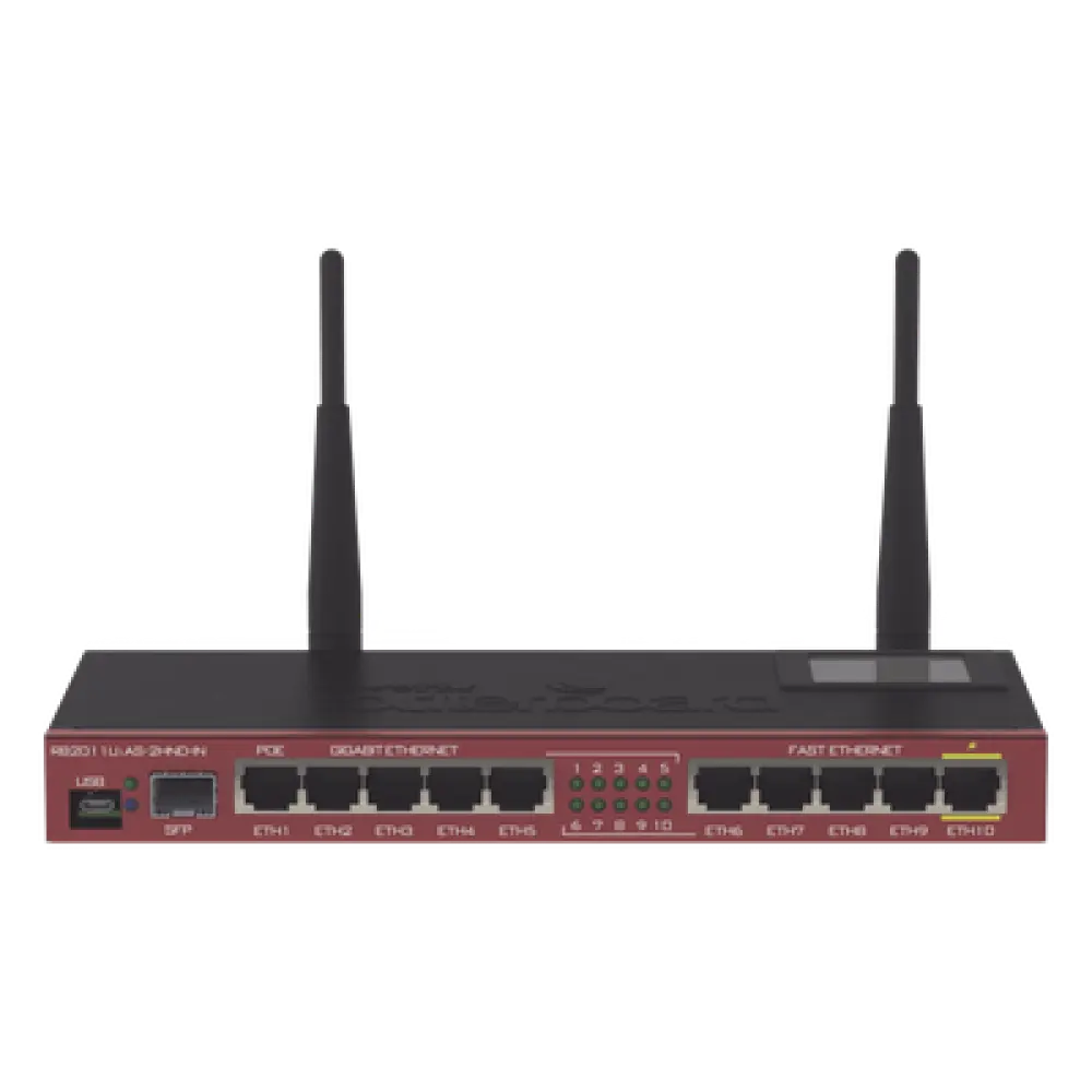 Router Board, 10 Puertos Ethernet, 1 Puerto SFP, Wi-Fi de Gran Cobertura 2.4 GHz Antenas de 4 dBi, hasta 1 Watt de potencia