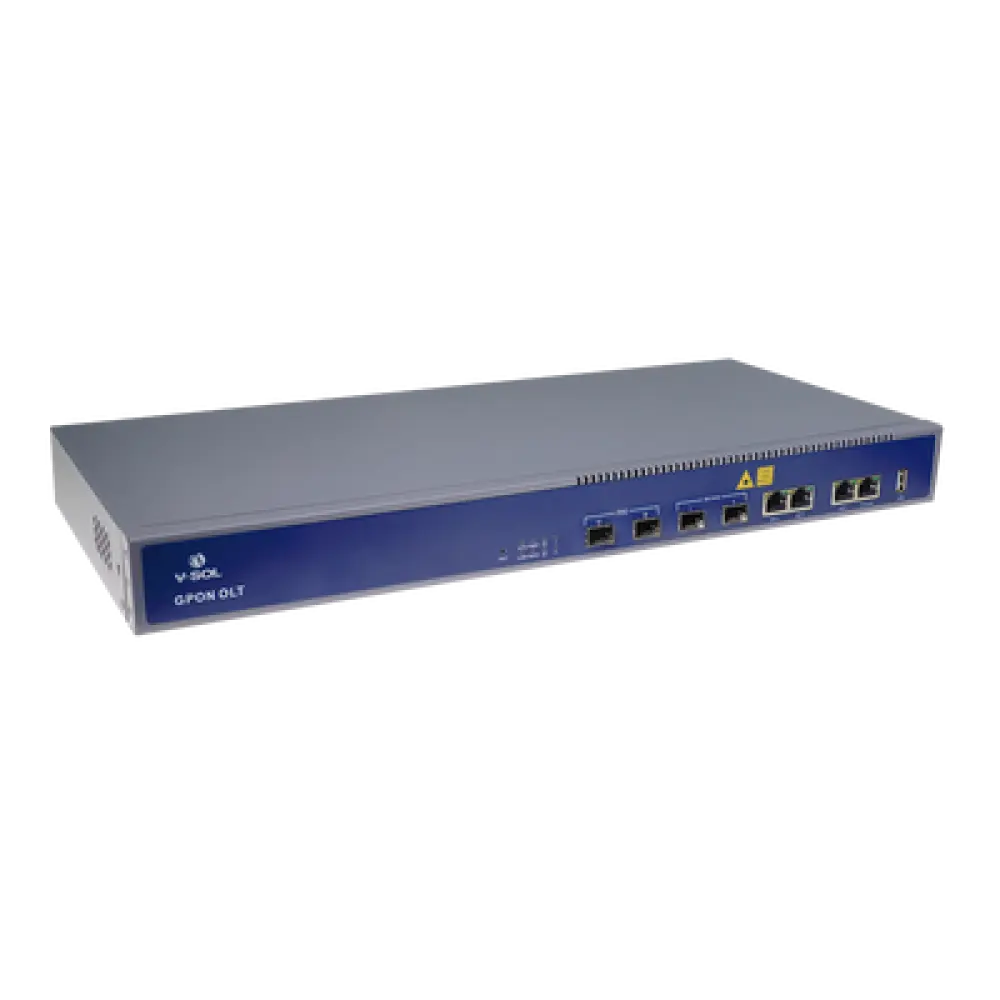 OLT GPON / 2 Puertos PON / 4 Puertos Uplink / Hasta 256 ONUs / Alcance 20 km / Montaje en Rack
