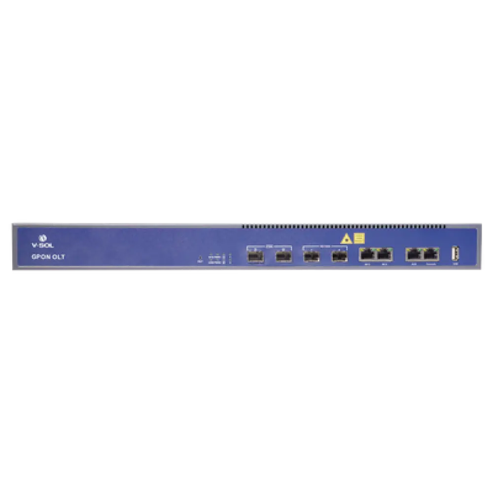 OLT GPON / 2 Puertos PON / 4 Puertos Uplink / Hasta 256 ONUs / Alcance 20 km / Montaje en Rack