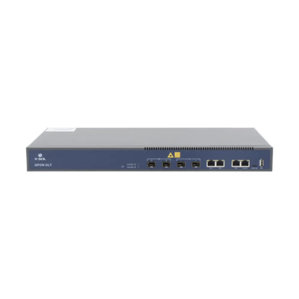 OLT GPON / 2 Puertos PON / 4 Puertos Uplink / Hasta 256 ONUs / Alcance 20 km / Montaje en Rack