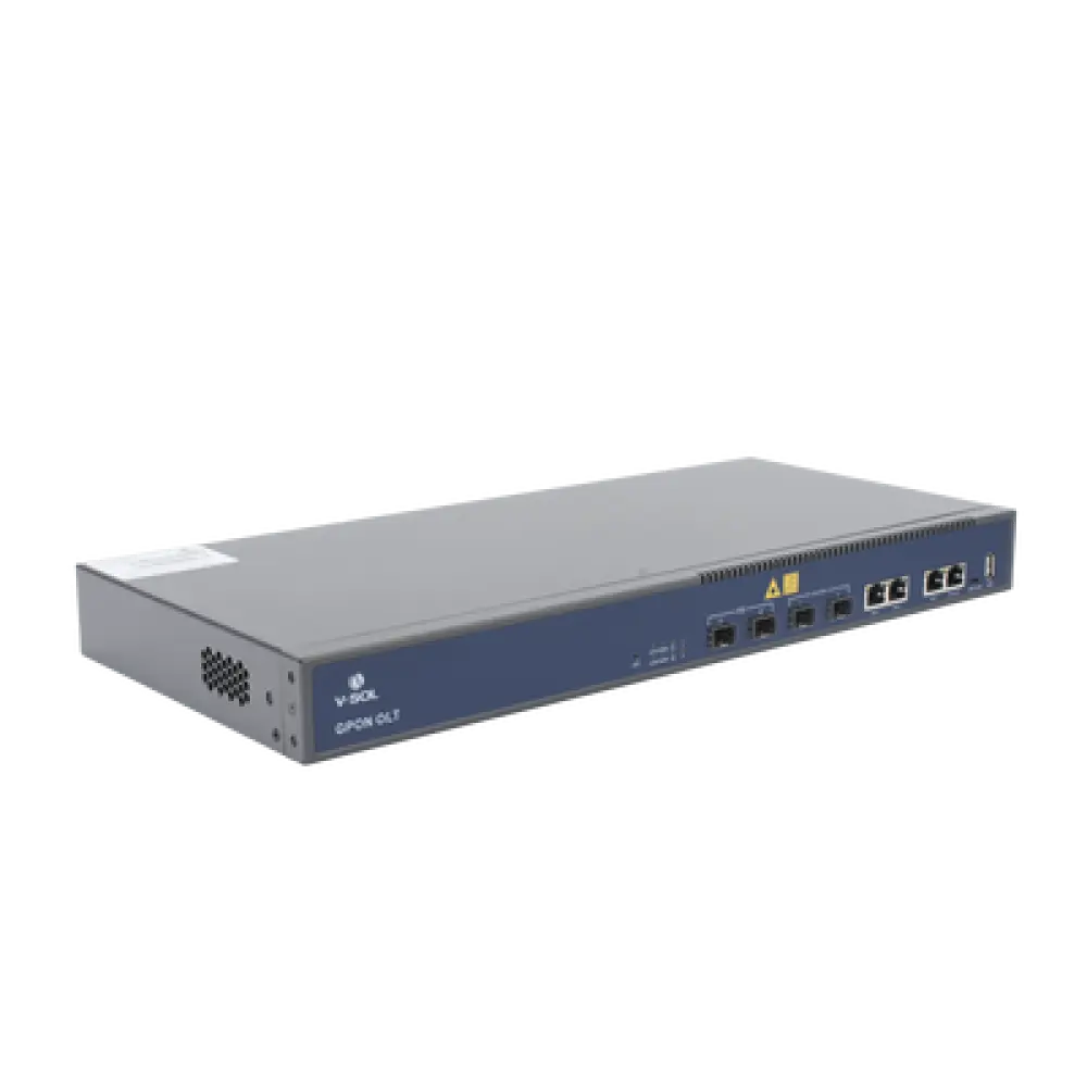 OLT GPON / 2 Puertos PON / 4 Puertos Uplink / Hasta 256 ONUs / Alcance 20 km / Montaje en Rack
