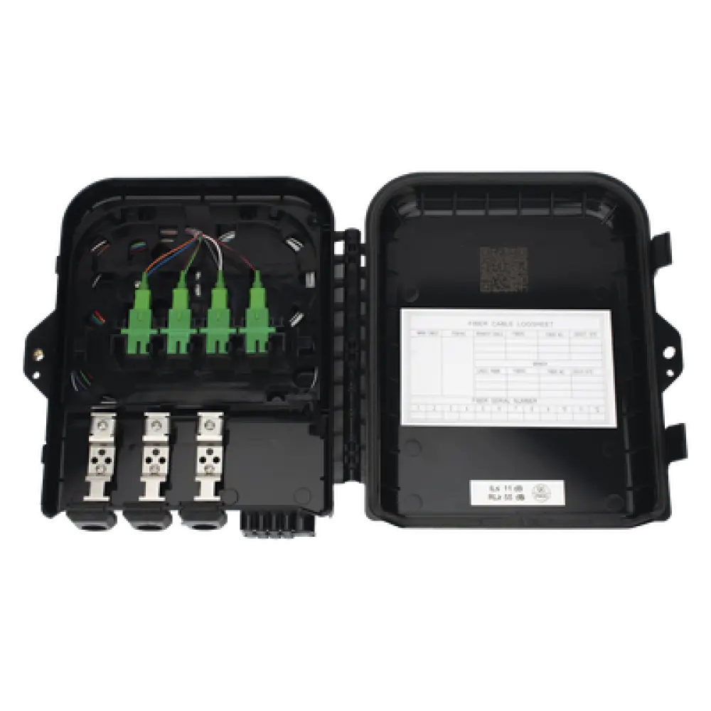 Caja de Empalme FTTx / 24 Fusiones / Splitter 1x8 SC/APC / 8 Acopladores SC/APC / 3 Puertos Troncal / IP65 / Interior-Exterior