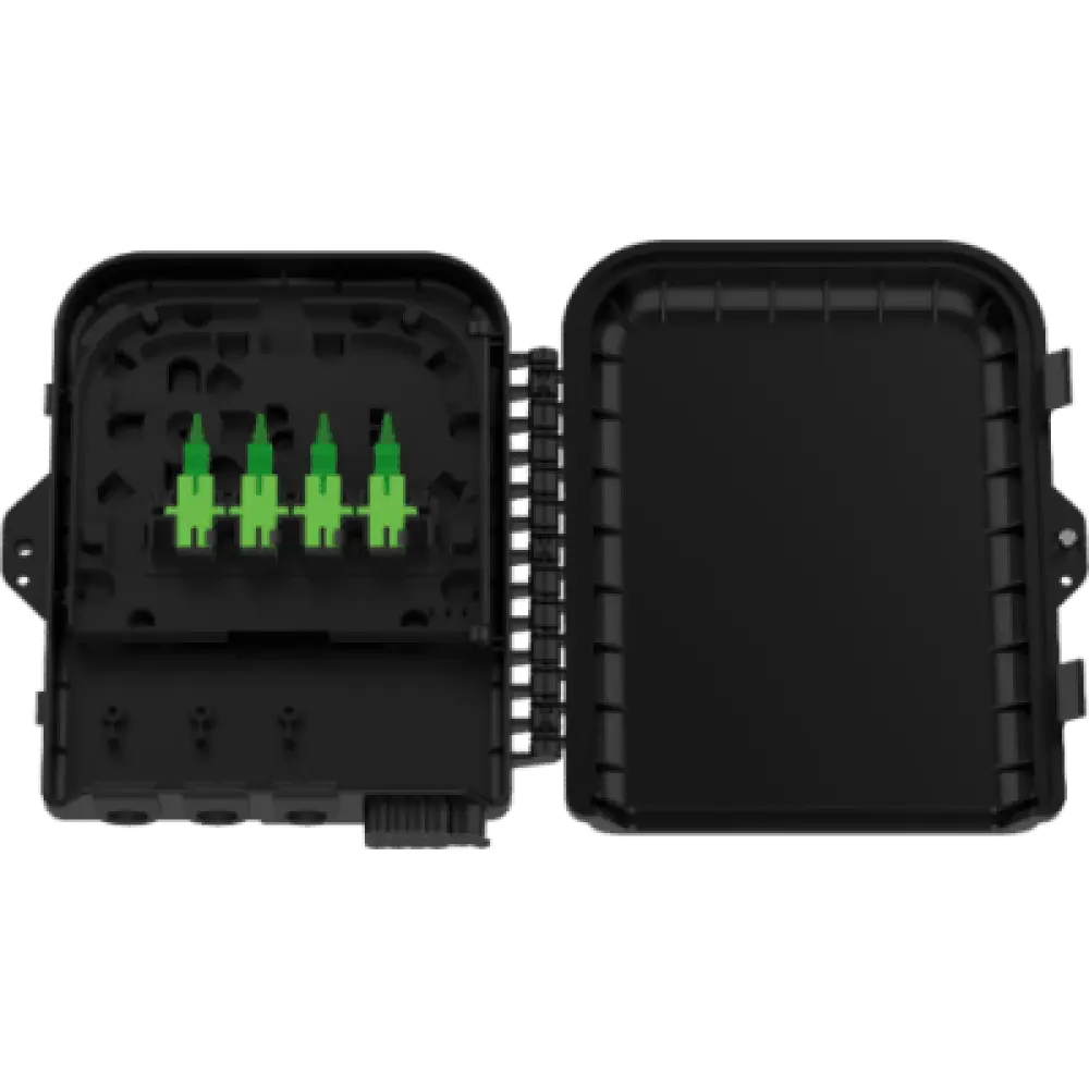 Caja de Empalme FTTx / 24 Fusiones / Splitter 1x8 SC/APC / 8 Acopladores SC/APC / 3 Puertos Troncal / IP65 / Interior-Exterior