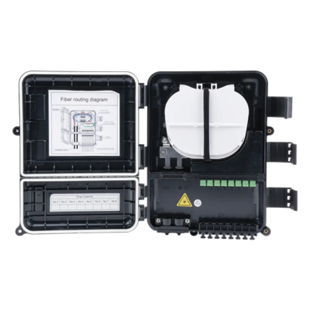 Caja de Distribución de Fibra Óptica / 24 Empalmes / 8 Acopladores SC/APC Simplex / IP55 Exterior / Montaje en Poste