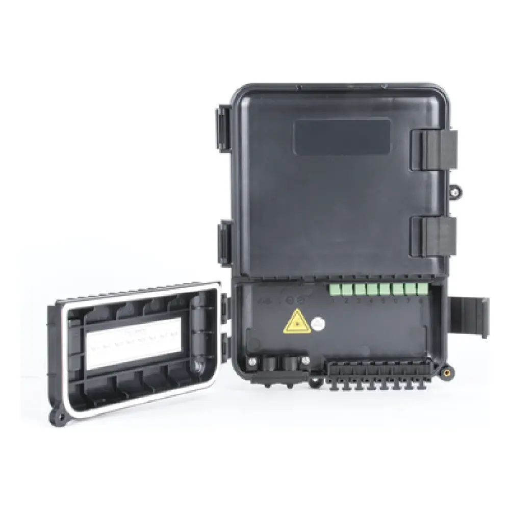 Caja de Distribución de Fibra Óptica / 24 Empalmes / 8 Acopladores SC/APC Simplex / IP55 Exterior / Montaje en Poste